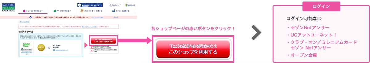 各ショップページの赤いボタンをクリック!
ログイン可能なID・セゾンNetアンサー・UCアットユーネット!・クラブ・オン/ミレニアムカードセゾン Netアンサー